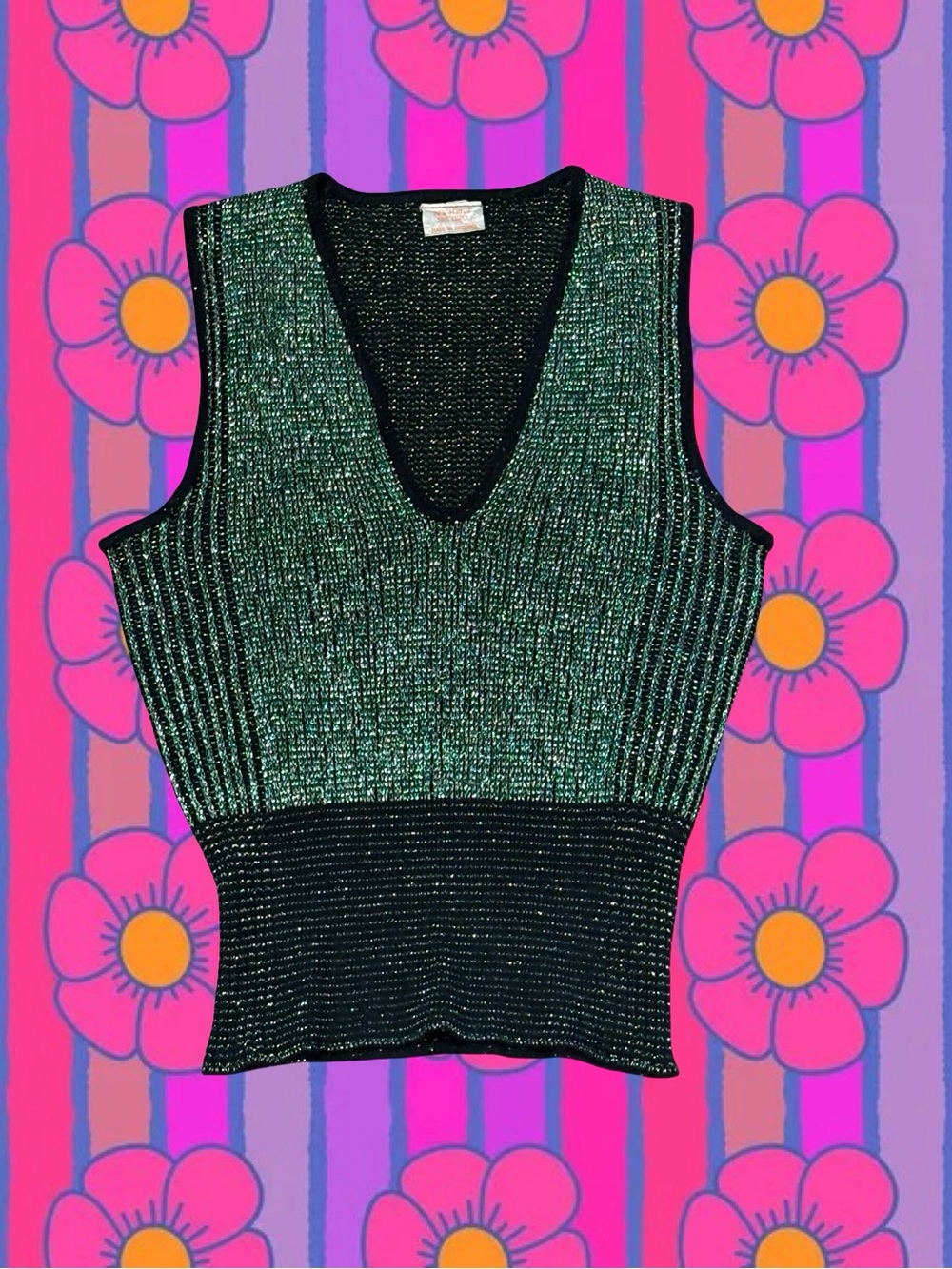 Vintage Metallic Green & Black V-Neck Sleeveless Tank